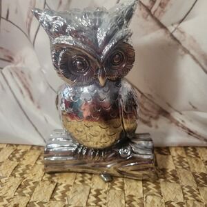Silver Owl Figurine on Log Chrome Finish Bird Statue Home Decor 8.5 Inch